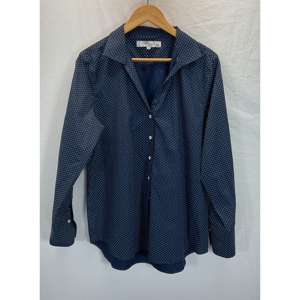 Claridge King Women's Long Button Down Navy Blue Polka dot, Crisp preppy XL‎